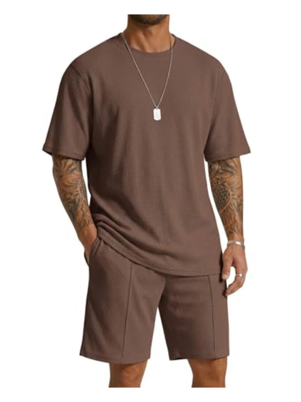 Men's 2 Piece Waffle Cotton Tracksuit Short Sleeve Crew Tee with Shorts